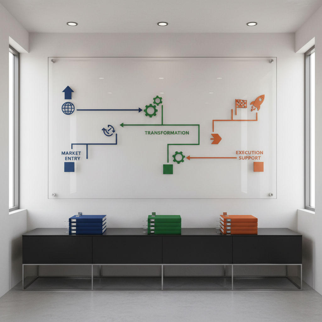A large, wall-mounted glass panel in a modern advisory office, covered with crisp, magnetic icons and clean, color-coded pathways that represent different strategic service offerings: market entry, transformation, and execution support. Below, a streamlined matte-black table holds three distinct stacks of folders in coordinated colors, each symbolizing a service line, with metal bookmarks peeking out. Soft natural daylight filters through high side windows, balanced by discreet recessed ceiling lights, creating gentle highlights on the glass and table edges. The atmosphere is organized, clear, and reassuring. Shot at eye level with photographic realism, the composition leads the viewer’s eyes from the table to the wall, visually explaining a structured portfolio of services without any text or people.