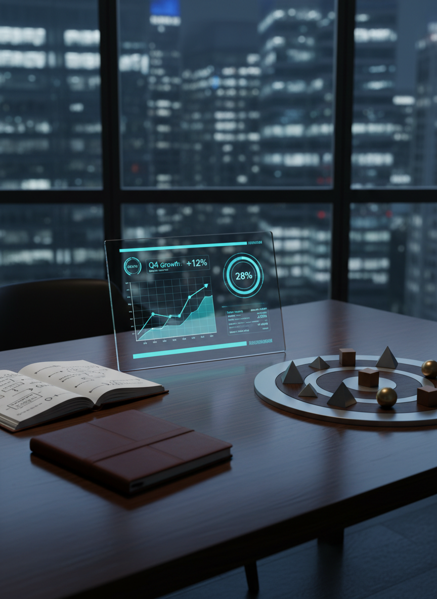 A sleek, dark wood executive desk viewed from a slightly elevated angle, covered with neatly arranged strategic planning materials: a large glass tablet displaying a clean, upward-trending performance dashboard, a leather-bound notebook opened to a sketched roadmap, and minimalist metal tokens positioned on a stylized board representing markets. Floor-to-ceiling windows reveal a softly blurred nighttime city skyline with glowing office towers. Cool, diffused interior lighting and subtle reflections on the desktop create a sense of clarity and focus. The mood is confident and professional, emphasizing where strategy meets execution. Photographic realism, sharp focus on the desk elements with a gentle bokeh on the skyline, composed using the rule of thirds for a modern corporate homepage hero image.