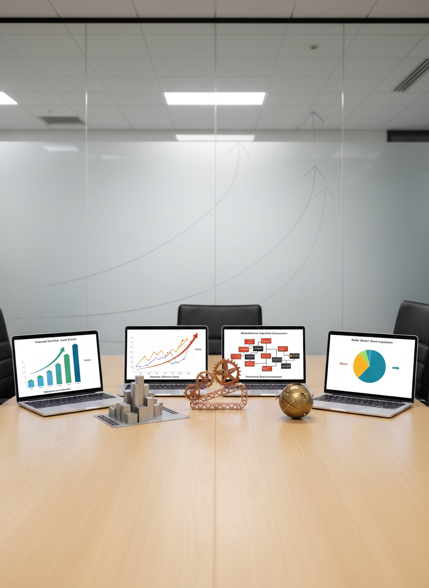 A polished conference table made of light oak, set with four slim, open laptops showing abstract but clearly successful before-and-after charts and diagrams for different industries, each screen angled slightly outward to form a semi-circle facing the camera. Between them, small, sculptural metal models of city blocks and supply chains represent case studies and real-world impact. Behind the table, a frosted glass wall features faint, geometric patterns suggesting growth curves. Even, soft studio-style lighting creates minimal shadows and a clean, analytical look. The mood is credible and data-driven. Photographic realism with a slightly elevated, wide-angle composition, sharp focus throughout, ideal for a case studies or results page.